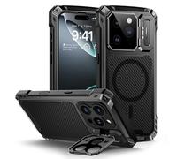 Lanhiem Custodia in metallo per iPhone 16 Pro Max[schermo in vetro temperato][Supporto per fotocamera] Cover antiurto di livello militare per iPhone 16 Pro Max,Nero