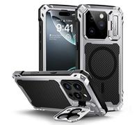 Lanhiem Custodia in metallo per iPhone 16 Pro Max[schermo in vetro temperato][Supporto per fotocamera] Cover antiurto di livello militare per iPhone 16 Pro Max,Argenteo