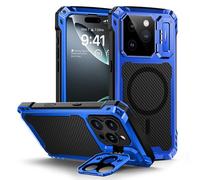 Lanhiem Custodia in metallo per iPhone 16 Pro Max[schermo in vetro temperato][Supporto per fotocamera] Cover antiurto di livello militare per iPhone 16 Pro Max,Blu