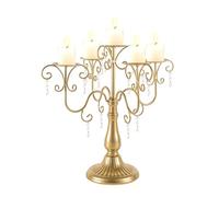 LANLONG Centrotavola per candelabri dorati da 38,9 cm per tavoli, candelabro in cristallo a 5 bracci per candele a colonna, portacandele in metallo per centrotavola di nozze, decorazione per feste