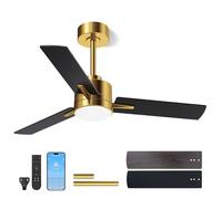 LANMEL Ventole da soffitto nero e oro da 106,7 cm con luci e telecomando, moderno ventilatore da soffitto a basso profilo a 6 velocità con motore CC silenzioso per interni ed esterni