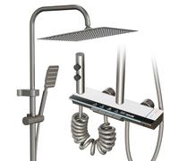 LANMOU Doccia a pioggia con rubinetto, set completo con ripiano in vetro e LED, sistema doccia con 30 x 30 cm, in acciaio inox, soffione a pioggia, set doccia con doccetta, regolabile in altezza