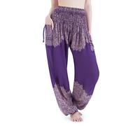 Lannaclothesdesign Donne Smock Vita Boho Flowy Yoga Harem Pantaloni Hippie, Mandala viola tinta unita, L