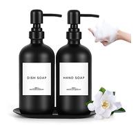 Lannvan Dispenser Sapone Doccia, Dispenser Sapone in Vetro da 500 ml set da Bagno con Vassoio, Dispenser Shampoo e Bagnoschiuma con 8 Etichette Impermeabili,Nero
