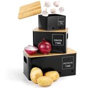 Lannvan Porta Patate Cucina, Set di 3 Contenitore Patate e Cipolle e Aglio con Coperchio e Fori di Ventilazione, Contenitore per Patate, Contenitori Salvaspazio Cucina Design Retrò (Nero)