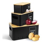 Lannvan Set di 3 Porta Patate Cucina, Contenitore Patate e Cipolle e Aglio, Contenitore per Patate con Coperchio e Fori di Ventilazione, Contenitori Salvaspazio Cucina Design Retrò (Nero)