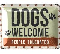 LANOLU Targa in metallo con cane - DOGS WELCOME - Decorazione per gli amanti dei cani in stile retrò shabby chic - Decorazione vintage come regalo per gli amici dei cani in metallo, 15 x 20 cm