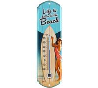 LANOLU Targa in metallo con termometro retrò Life is better at the Beach, surf e spiaggia, decorazione giardino, piscina e piscina, regali campeggiatori, termometro analogico 8 x 28 cm