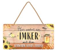 LANOLU Targa in metallo retrò IMKER Accessori, Schwarm seines Lebens, regalo per apicoltori, api, decorazione api, idea regalo in metallo, con cordoncino in iuta 16 x 32 cm