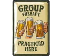 LANOLU Targa vintage con scritta in lingua inglese "Group Therapy Practiced Here" (lingua italiana non garantita) - Targa in metallo per Man Cave, divertente e goffrata, 30,5 x 20,3 cm