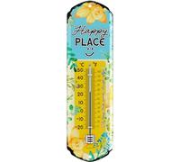 LANOLU Termometro Happy Place, targa da giardino per esterni, decorazione da giardino, vintage, decorazione da giardino, decorazione da parete, in metallo, targa in metallo, 8 x 28 cm