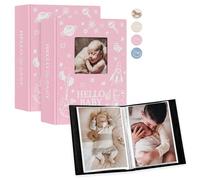 Lanpn Album Fotografico Bambino 100 Tasche 2 Confezioni, Lino Ricordi Foto Nascita Bimbo 10x15 Album Portafoto Neonato, Baby Photo Album, Festa Battesimo Ragazza Ragazzo Regalo, Rosa
