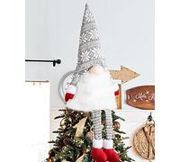 Lanpn Gnomi Puntale Stella Albero Natale, Elegante Grande Gnomo Nano Punta Con Cappello a Cilindro e Gamba per Decorazioni Interni (Grigio)