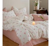 Lanqinglv Bettwäsche 155x220 Weiß Rosa Tulpen Blumenmuster Bettwäsche aus Microfaser, ÖKO-TEX Bettwäsche Set - Bettbezug mit Reißverschluss und 1 Kissenbezug 80x80 cm