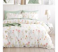 Lanqinglv Biancheria da letto 200 x 220 cm, con volant, decorazione verde, bianco, colorato, motivo floreale, foglie, copripiumino con chiusura lampo e 2 federe da 80 x 80 cm