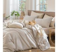 Lanqinglv Biancheria da letto 220 x 240 cm, in cotone a righe beige e bianco, 100% cotone rinforzato, con chiusura lampo, adatto per persone allergiche, 1 copripiumino e 2 federe da 80 x 80 cm