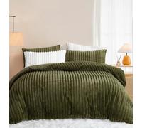Lanqinglv Copripiumino in peluche, 140 x 200 cm, colore: verde oliva a righe in flanella, pelliccia fuzzy invernale, morbido, set da letto singolo, copripiumino e 1 federa 65 x 65 cm