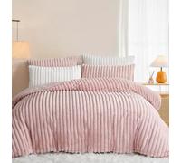 Lanqinglv Copripiumino in peluche 240 x 260 cm, rosa a righe in flanella, pelliccia fuzzy invernale, morbido, set da letto matrimoniale, copripiumino e 2 federe 65 x 65 cm