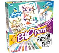 Lansay - BLOPENS Atelier Cuccioli di Animali | Kit Creativo per Bambini da 5 Anni | 8 Pennarelli Blopens da Soffiare con Effetto Aerografo, Sagome Riutilizzabili | Set da Disegno e Colorazione