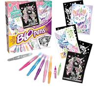 Lansay - BLOPENS - Creature glitterate - Pennarelli per bambini a soffio dai 5 anni - Attività creativa con stencil riutilizzabili ed effetto diffuso - 6 Blopens + colla glitter - Tappi lavabili