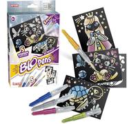 Lansay | BLOPENS SET METALLIC | Kit creativo bambini con 5 pennarelli soffio metallizzati + stencil + fogli neri | Effetto aerografo magico | Disegni scintillanti 5+ anni