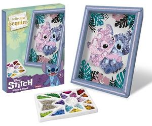 Lansay - Sequins Disney Stitch e Angel - Kit Quadro Creativo - Da 7 Anni | Attività Manuale - Cornice, Immagine, Base in Polistirolo e Spilli - Posizioni Prestampate - Da Appoggiare o Appendere