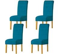 LANSHENG Fodere per Sedia XL,Elastan Elasticizzato con Fascia Elastica, Fodere per Sedia da Pranzo in Velluto di Grandi Dimensioni per Ristorante per Banchetti dell'hotel (Blu Pavone,4 Pack(M))