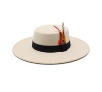 Lanshui Accessories, cappello a cilindro ispessito autunno e inverno, cappello a cilindro piatto con piuma naturale a tesa larga da 9,5 cm, cappello in feltro a tesa larga, Beige, 6 7/8 / 7 1/8