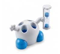 Lantelme Portaspazzolino per bambini con clessidra 3 minuti e spazio per 4 spazzolini da denti | Portaspazzolino in plastica colore bianco blu | Dimensioni 12 x 5 x 10 cm | Supporto bagno necessità e