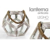 LANTERNA ANTICATA IN LEGNO E VETRO INTRECCIO IN CORDA 32X32X26 CM HIA-701825