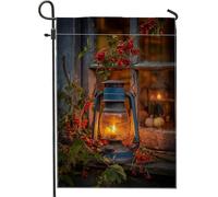 Lanterna autunnale da giardino, lampada a olio vintage blu con bacche rosse, striscione decorativo per la casa, bandiera da cortile in iuta su entrambi i lati, decorazione per prato all'aperto, 30,5 x