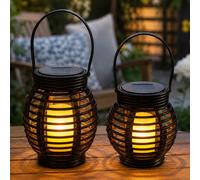 Lanterna Da Giardino Solare Nera Effetto Rattan LED Con Luce Calda Fiamma