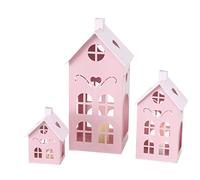 Lanterna in metallo, set da 3 pezzi, colore rosa, 40 / 26 / 17 cm, portacandele per interni ed esterni