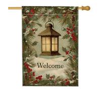 Lanterna invernale di benvenuto da giardino, pino verde e bacche, decorazione per esterni, bandiera da cortile in iuta su entrambi i lati, per decorazione del prato delle vacanze, 71 x 101 cm