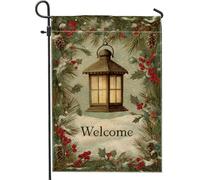 Lanterna invernale di benvenuto da giardino, pino verde e bacche, decorazione per esterni, bandiera da cortile in iuta su entrambi i lati, per decorazione del prato delle vacanze, 30,5 x 45,7 cm