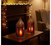 Lanterna marocchina eSplanade | Lampada a sospensione in vetro colorato - Set di 2 | Portacandelina | Decorazioni per la casa | Rosso-Oro - 6,5" pollici (Red-Golden)