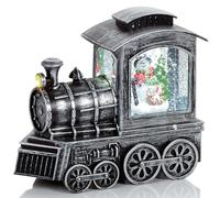 Lanterna natalizia a LED rustica argentata con glitter, treno con pupazzo di neve, lunghezza 18 cm