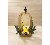Lanterna Natalizia In Legno Con Candela LED Decorata Pigne Bacche 18x18x24cm