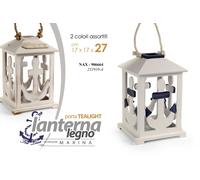 LANTERNA PORTACANDELA ANCORA MARE LEGNO TEA LIGHT BIANCO BLU ANTIC ASSOR 2717