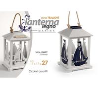 LANTERNA PORTACANDELA BARCA MARE LEGNO TEA LIGHT BIANCO BLU ANTIC ASSOR 2717