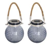 Lanterna solare a LED per il giardino, lampada a sospensione per il patio, lampada da tavolo, vetro trasparente, bianco caldo, D 10,5 x 12,5 cm, set di 2