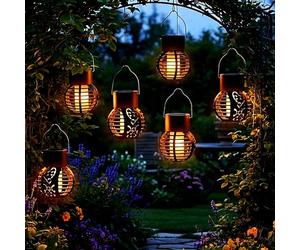 Lanterna solare a LED piccola con effetto fiamma, set da 6 pezzi, mini lanterna 9 x 7 cm, da appendere per esterni, lanterna decorativa da giardino, lampada solare a sospensione