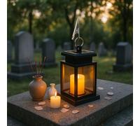 Lanterna solare per cimitero, resistente alle intemperie, per esterni, giardino e tomba, lampada per urna cineraria, colore nero, lanterne funerarie con candele a LED, portacandele piccolo, lanterna a