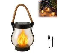 Lanterna solare per esterni, lanterna impermeabile da appendere, con corda di canapa, doppia ricarica solare e USB, decorazione con fiamma tremolante per giardino e cortile