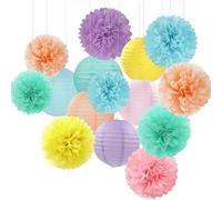 Lanterne colorate arcobaleno pastello per feste, fiori di carta - 15 pezzi compleanno aula baby shower velina pon pon streamer, tema macaron carnevale forniture da appendere decorazione Hugfond