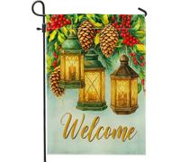Lanterne invernali rustiche da giardino, pigne verdi bacche rosse benvenuto decorazione per esterni, bandiera in iuta su entrambi i lati, decorazione per le vacanze, 30,5 x 45,7 cm