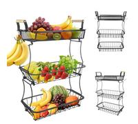 LANTUS Cesto per frutta con 2 grucce per banane, porta frutta per cipolle, snack e verdure, per bancone da cucina, cestino in rete metallica, 37 x 22 x 55,5 cm, nero