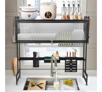 LANTUS Scolapiatti da Appoggio, Scolapiatti da Lavello, Estensibile Sopra il Lavello,Scola Piatti Lavandino con Porta Utensili,Regolabile da Cucina per Verdura Frutta Piatti,85 * 30 * 78 cm - nero