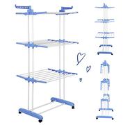 LANTUS Stendino Verticale XXL salvaspazio su 3 Livelli e con 2 Ali Laterali richiudibile - stendibiancheria asciugabiancheria per Interno della casa o Esterno,75*64*170 cm (blu e bianco)