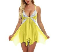 Lanunlly Camicia da Donna Intimo in Pizzo Rete Abito Senza Maniche Spalline Intera con Collo a V Fessura Cucito Babydoll Sensuale Trasparente Body Notte Floreale Sexy Chemise Elegante Comodi